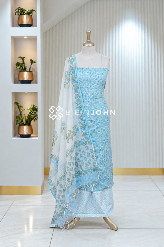 Printed Cotton Unstitched Salwar Suit Material Sky Blue BJ1949