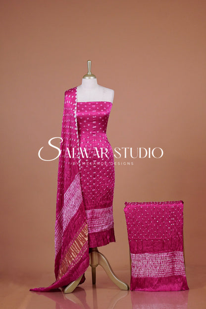 Pure Bandhani Unstitched Salwar Suit Dress Material Magenta AC0309