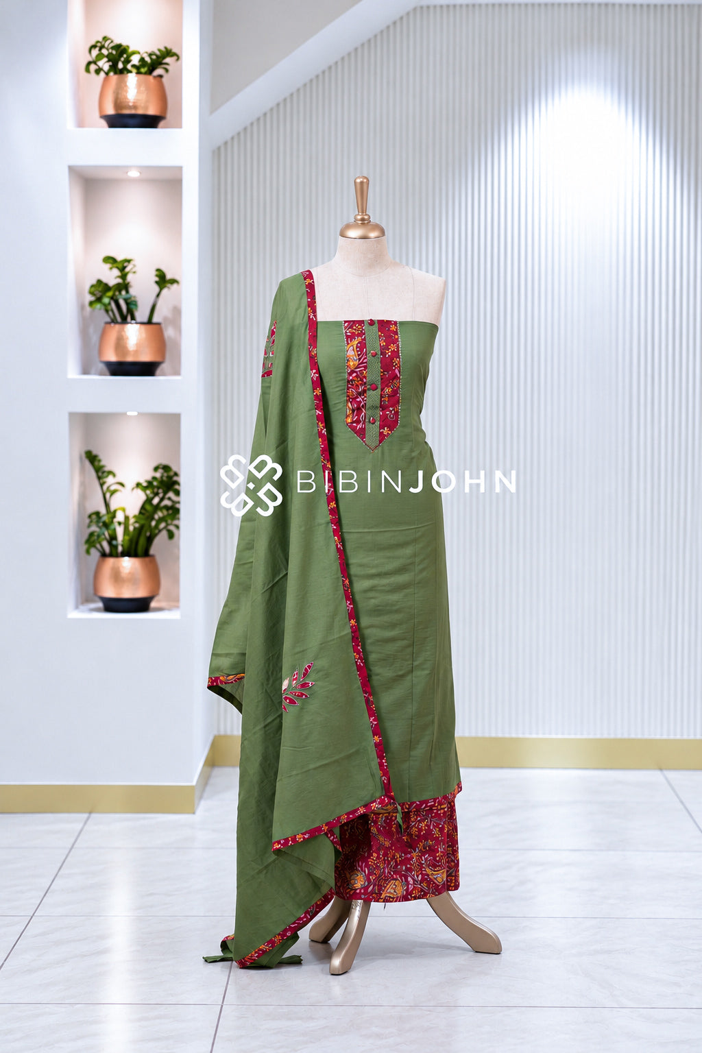 Chanderi Embroidery Unstitched Salwar Suit Material Olive Green BJ2010
