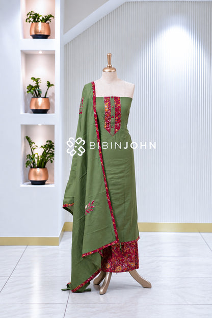 Chanderi Embroidery Unstitched Salwar Suit Material Olive Green BJ2010