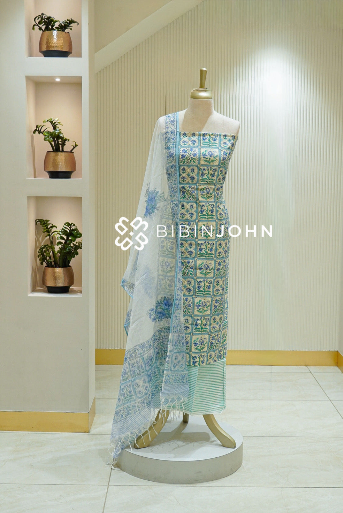 Printed Cotton Unstitched Salwar Suit Material Off White With Turquoise Blue BJ2830