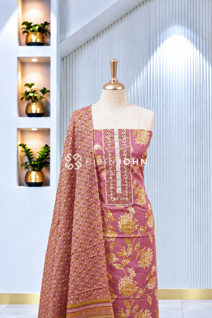 Printed Cotton Unstitched Salwar Suit Material Dusty Rose Pink With  Mustard Yellow BJ1980