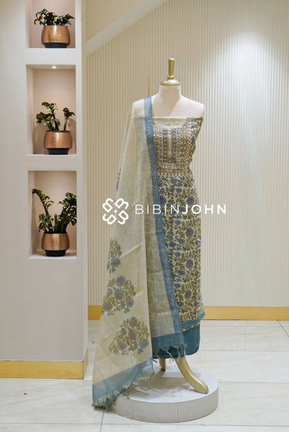 Art Tissue Linen Unstitched Salwar Suit Material Ivory Cream BJ2522