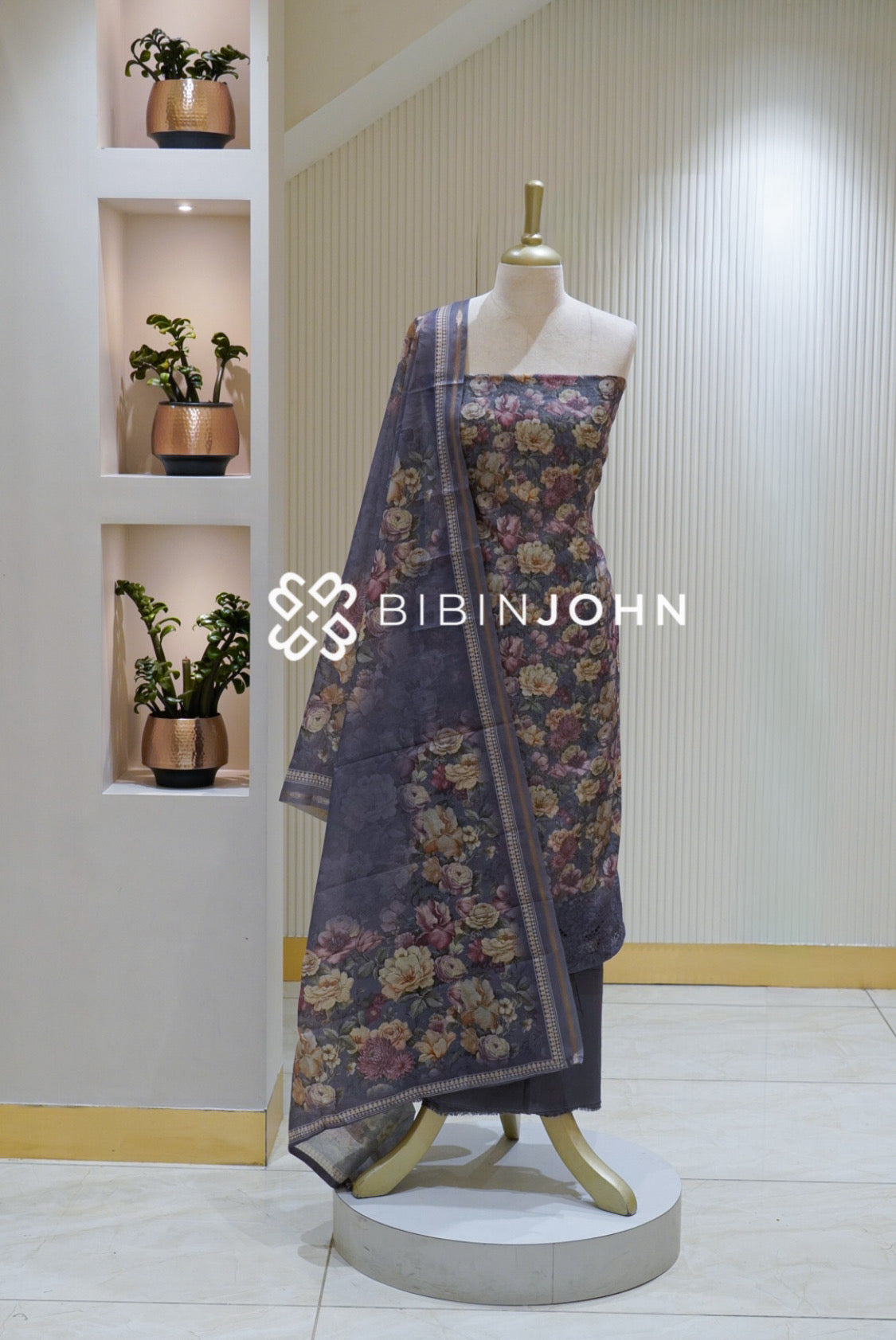 Printed Chanderi Unstitched Salwar Suit Material Dusty Lavender Grey BJ2513
