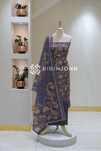Printed Chanderi Unstitched Salwar Suit Material Dusty Lavender Grey BJ2513