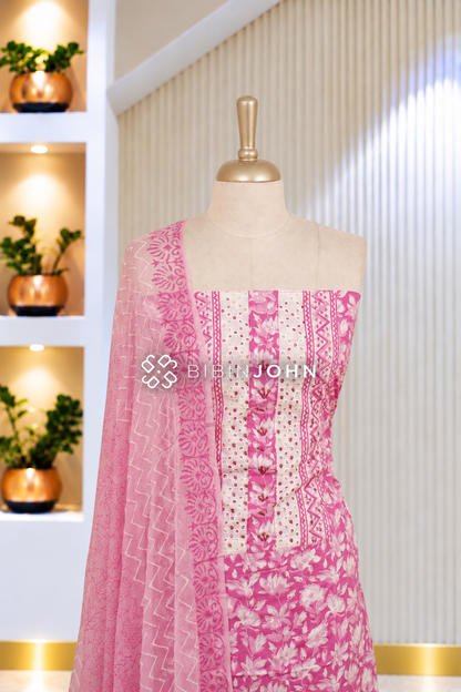 Cotton Embroidery Unstitched Salwar Suit Material Ivory White With Bright Pink BJ2097