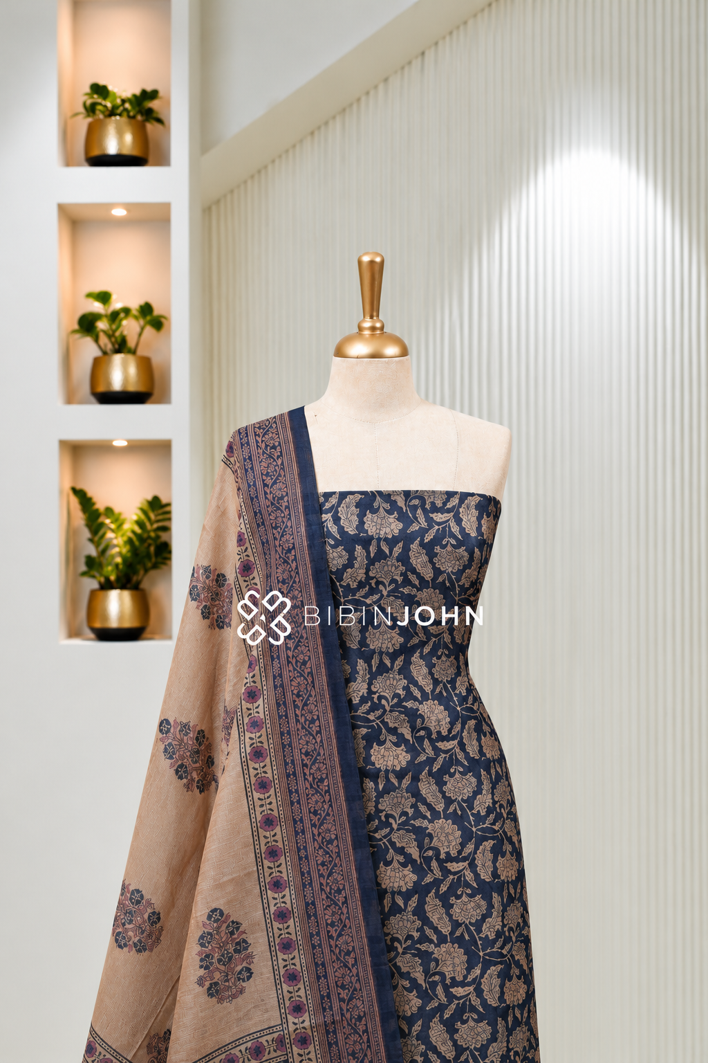 Printed Chanderi Unstitched Salwar Suit Dress Material Navy Blue BJ1826