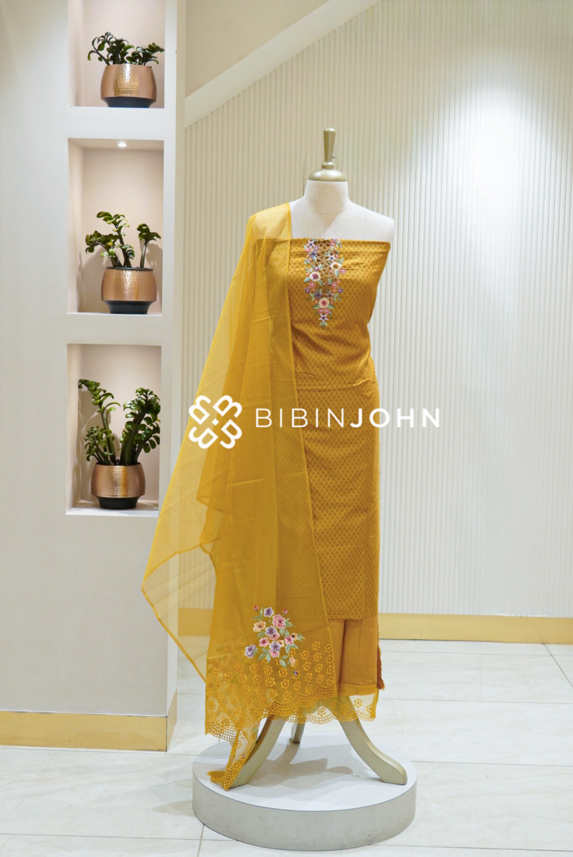 Chanderi Embroidery Unstitched Salwar Suit Material Mustard Yellow BJ1888
