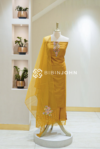 Chanderi Embroidery Unstitched Salwar Suit Material Mustard Yellow BJ1888