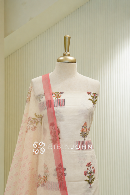 Printed Cotton Unstitched Salwar Suit Material Off-White BJ1800