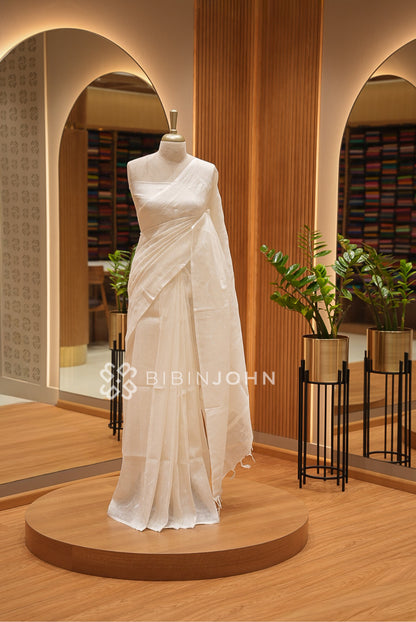 Linen Embroidery Saree For Women Ivory White BJ1649