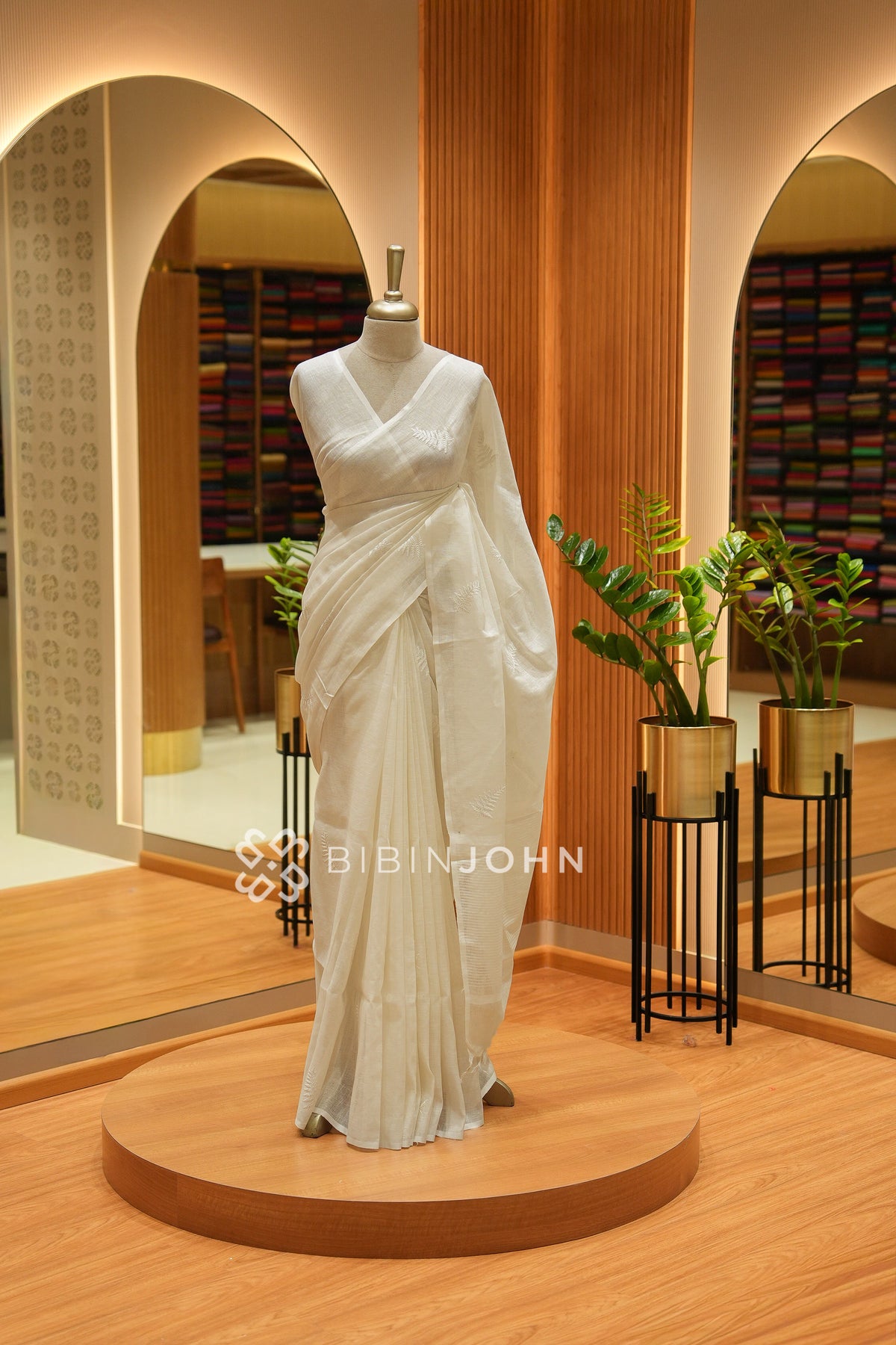 Linen Embroidery Saree For Women Ivory White BJ2462