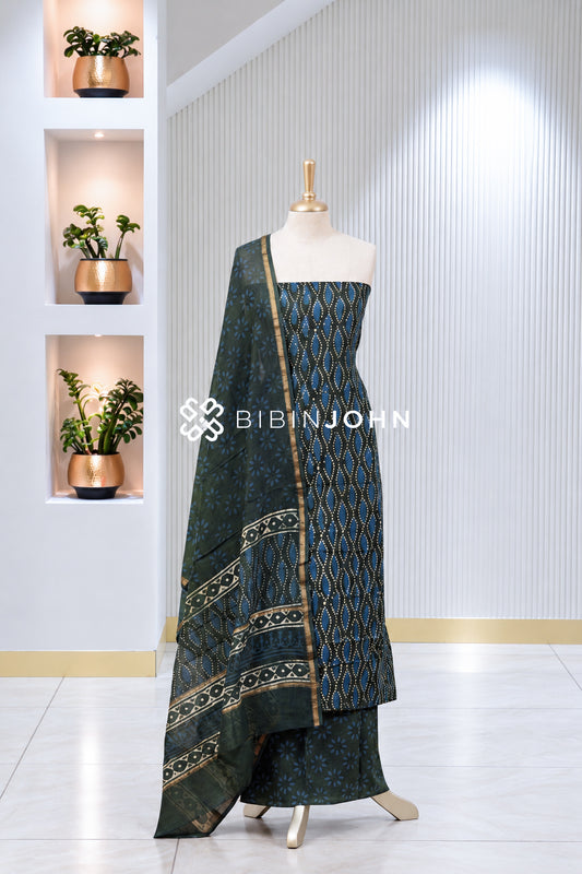 Printed Chanderi Unstitched Salwar Suit Material Midnight Blue BJ2034