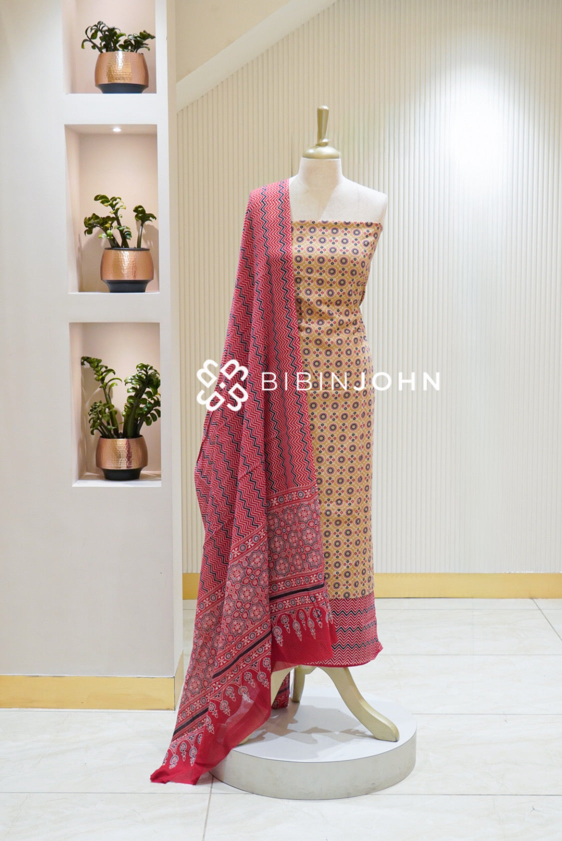 Printed Cotton Unstitched Salwar Suit Material Beige Cream BJ2627