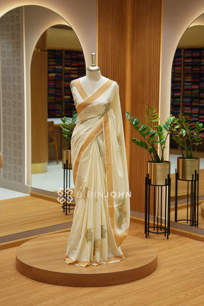 Printed Cotton Saree For Women Cream With Mustard Gold BJ2465