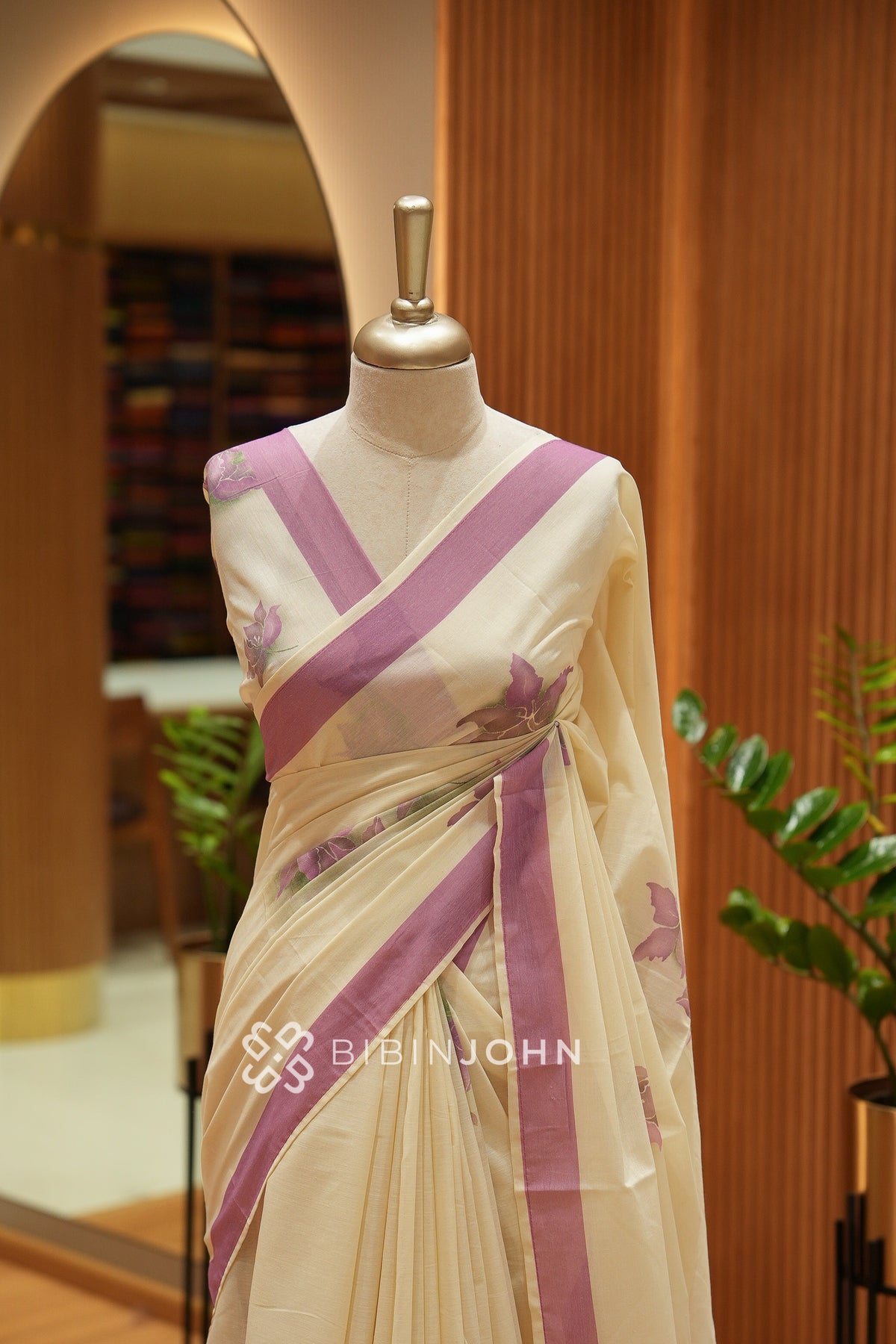 Printed Cotton Saree For Women Cream With Mauve Pink BJ2538