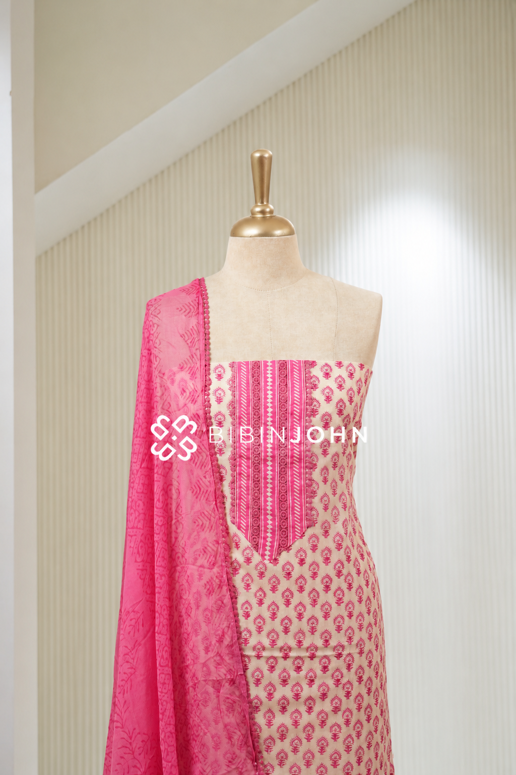 Printed Cotton Unstitched Salwar Suit Material Ivory with Pink BJ1993