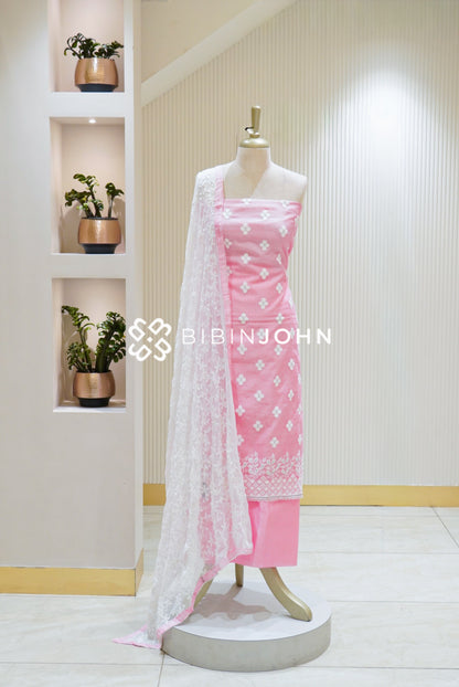 Chanderi Embroidery Unstitched Salwar Suit Material Baby Pink BJ1907