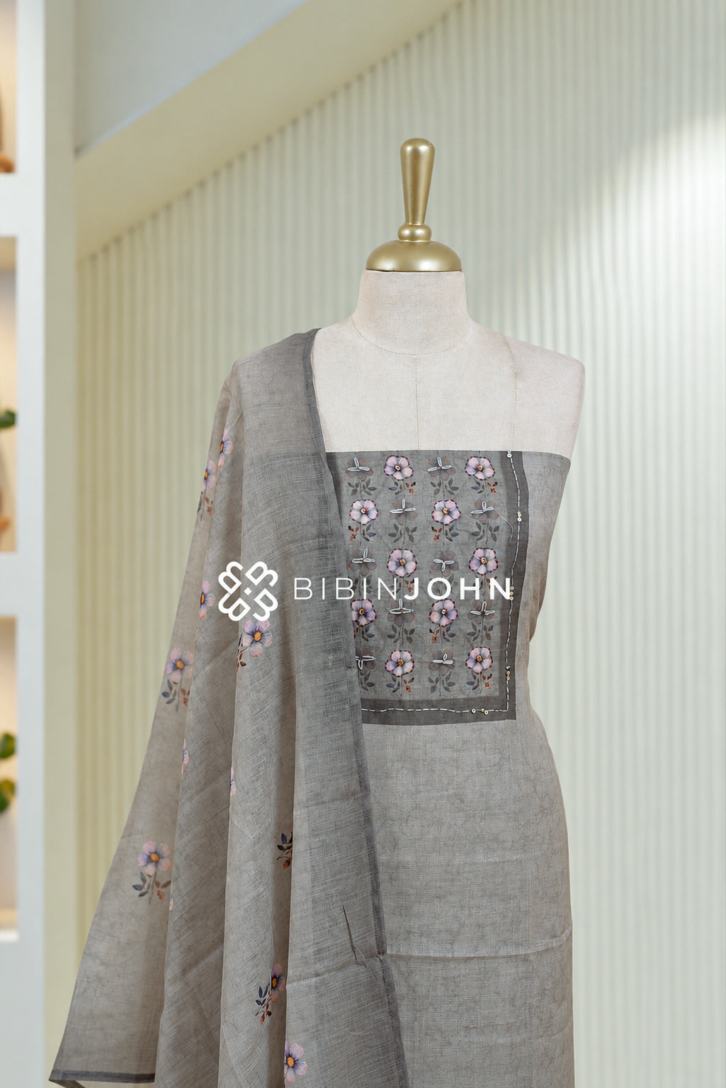Chanderi Embroidery Unstitched Salwar Suit Material Ash Grey BJ1835