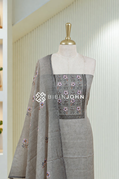 Chanderi Embroidery Unstitched Salwar Suit Material Ash Grey BJ1835