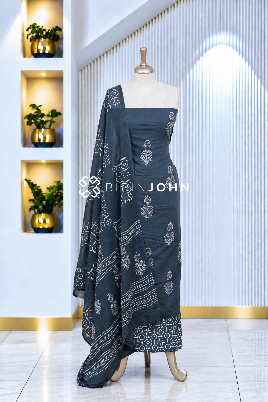 Printed Cotton Unstitched Salwar Suit Material Charcoal Blue-Grey BJ2084