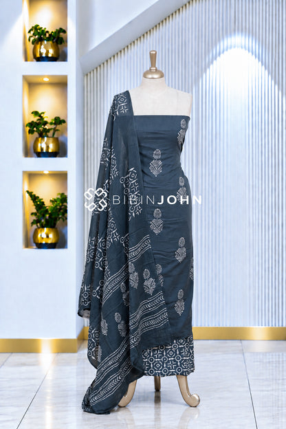 Printed Cotton Unstitched Salwar Suit Material Charcoal Blue-Grey BJ2084