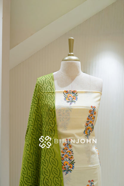 Printed Cotton Unstitched Salwar Suit Material Ivory Cream With Parrot Green BJ2817