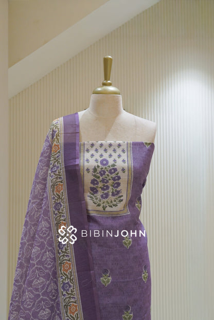 Printed Linen Cotton Unstitched Salwar Suit Material Dusty Lavender Purple BJ2618