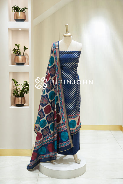 Printed Semi Silk Unstitched Salwar Suit Material Navy Blue BJ2226