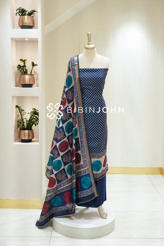 Printed Semi Silk Unstitched Salwar Suit Material Navy Blue BJ2226