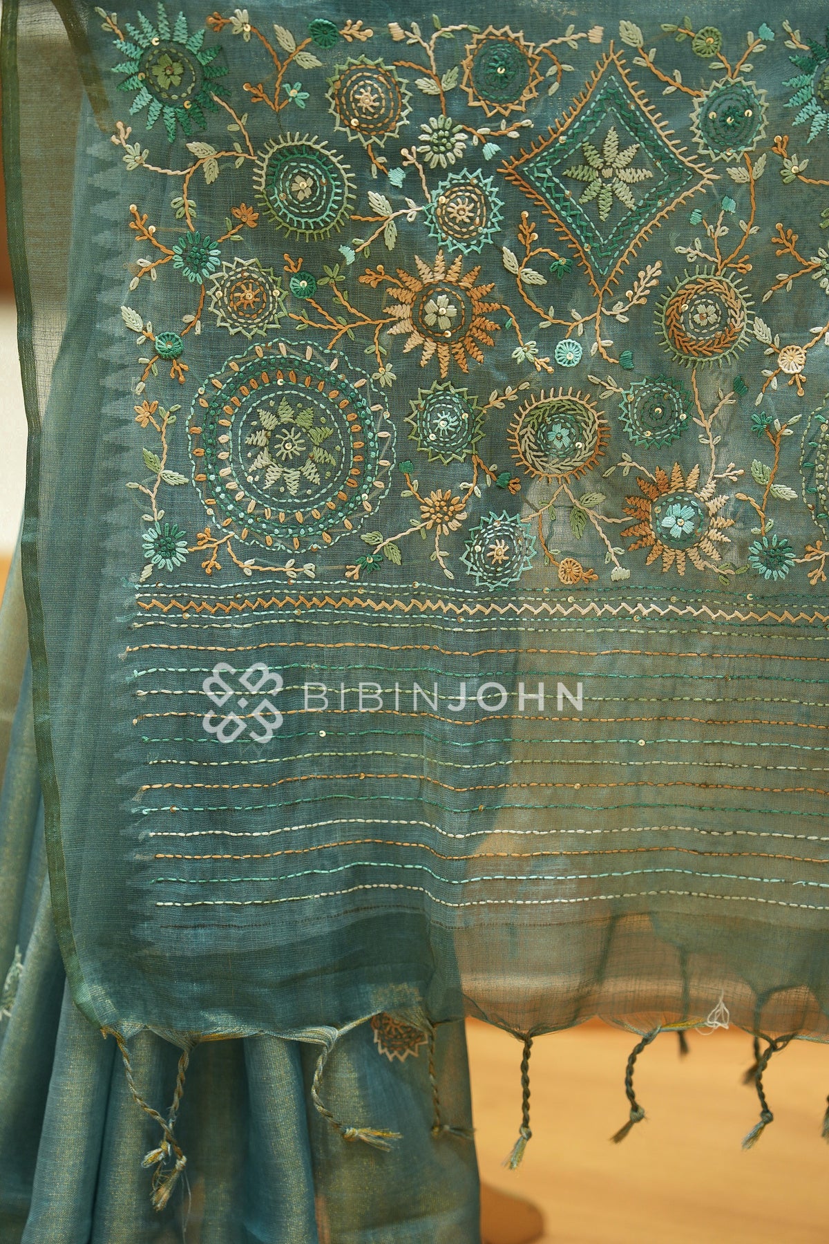 Tissue Linen Embroidery Saree For Women Muted Teal Green BJ2439