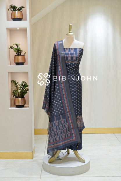 Printed Chanderi Unstitched Salwar Suit Material Navy Blue BJ2840