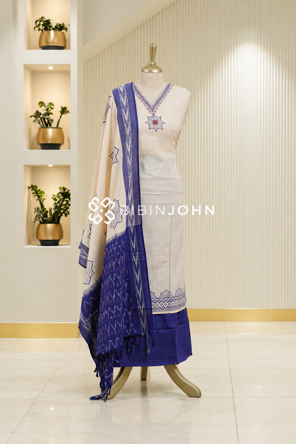 Semi Stitched Cotton Embroidery Salwar Suit Material Ivory Cream with Royal Blue BJ1839