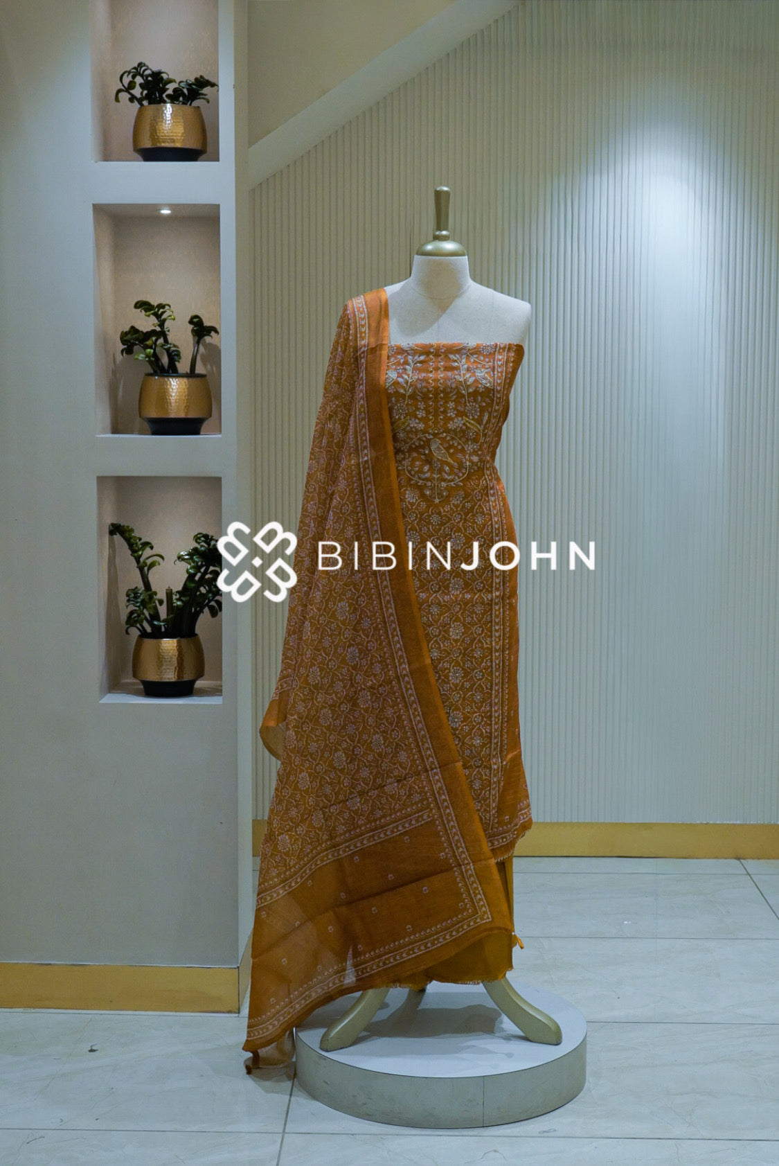 Semi Linen Printed Embroidery Unstitched Salwar Suit Material Mustard Yellow BJ2525