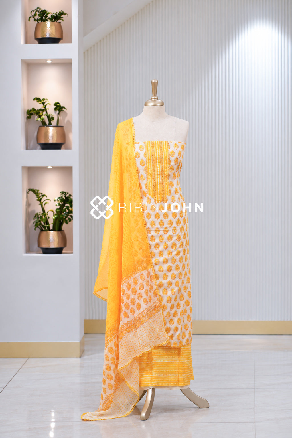 Printed Cotton Unstitched Salwar Suit Material  Ivory White With Mustard Yellow  BJ2030