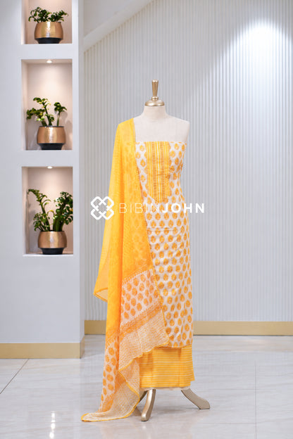 Printed Cotton Unstitched Salwar Suit Material  Ivory White With Mustard Yellow  BJ2030