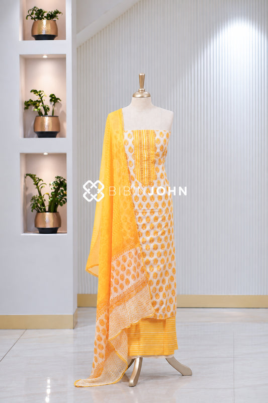 Printed Cotton Unstitched Salwar Suit Material  Ivory White With Mustard Yellow  BJ2030