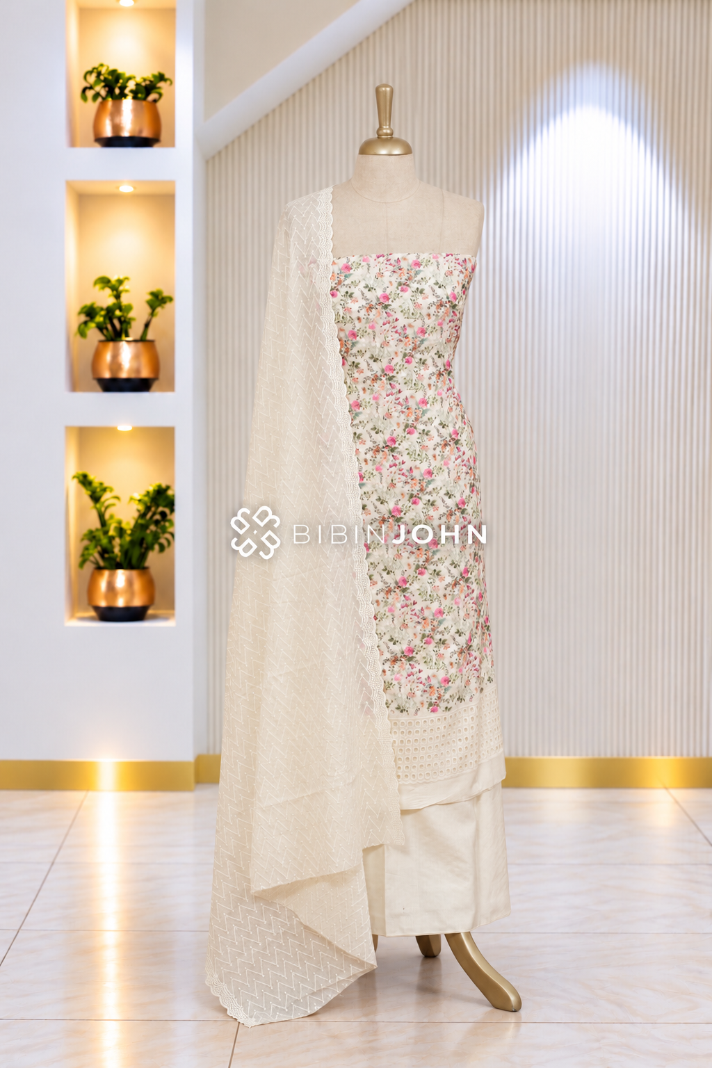 Cotton Embroidery Unstitched Salwar Suit Material Ivory White BJ2095