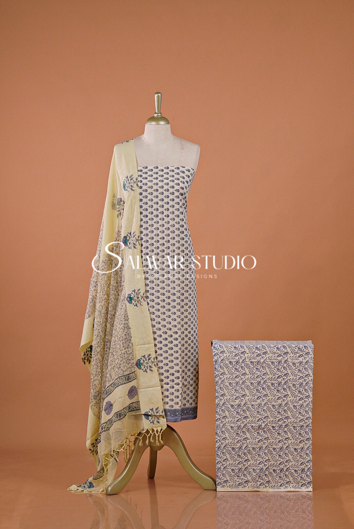 Printed Cotton Unstitched Salwar Suit Dress Material Off-White With Dusty Periwinkle Blue AC0188