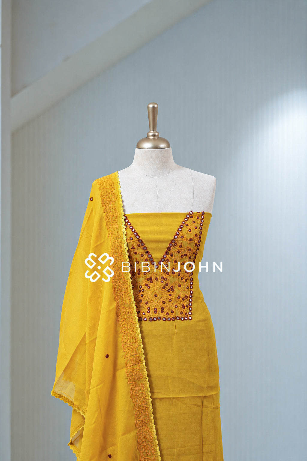 Chanderi Embroidery Unstitched Salwar Suit Material Golden Yellow BJ2020