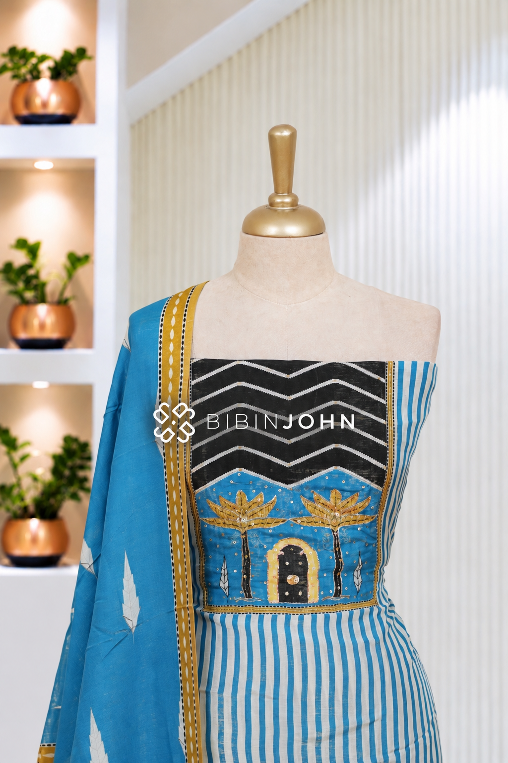 Muslin Embroidery Unstitched Salwar Suit Material Turquoise Blue BJ2092