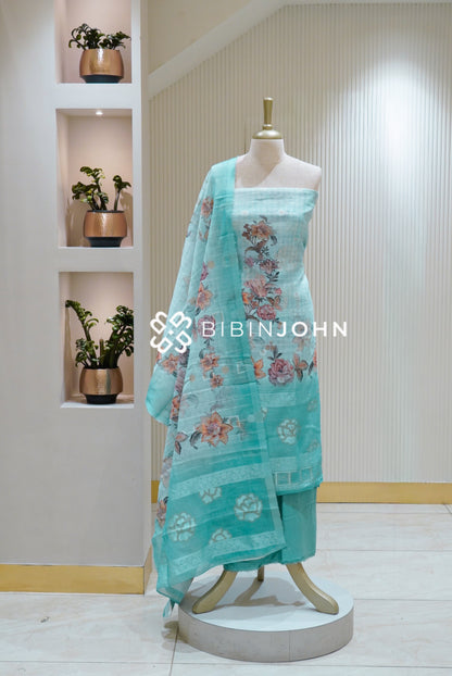 Semi Linen Embroidery Unstitched Salwar Suit Material Pastel Aqua Blue  BJ2516