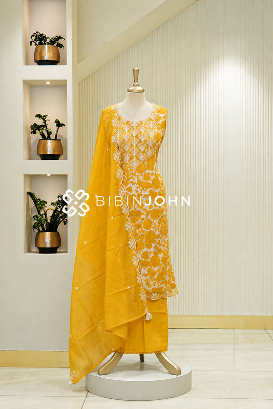Cotton Linen Semi Stitched Salwar Suit Material Marigold Yellow BJ1802