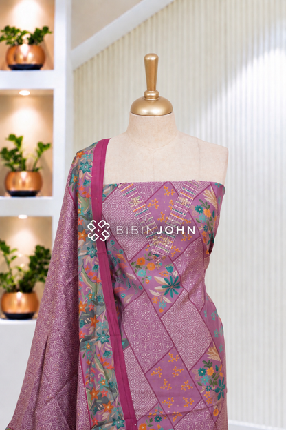 Silk Hand Embroidery Unstitched Salwar Suit Material Dusty Mauve BJ2094