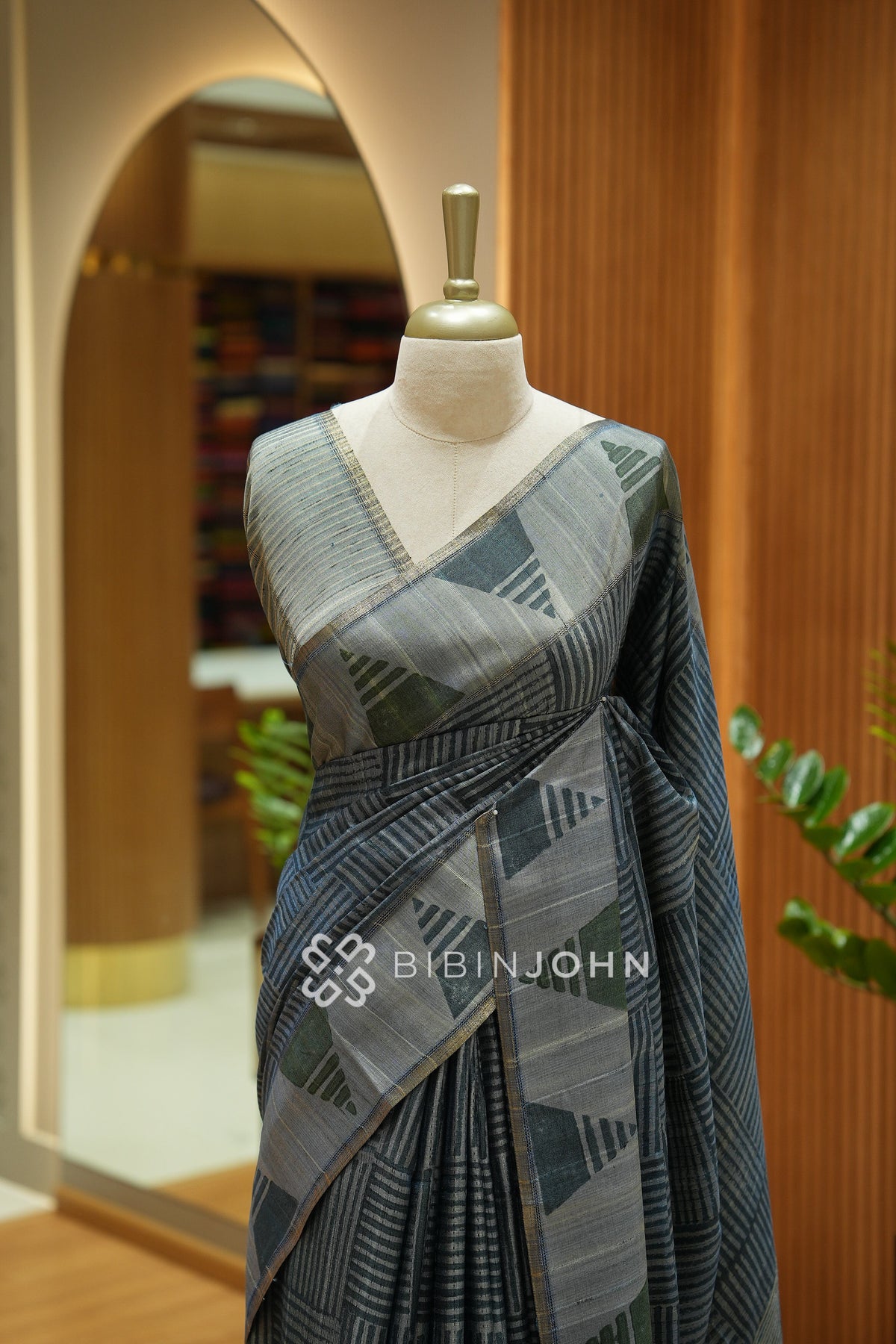 Printed Semi Tussar Saree For Women Slate Grey with Charcoal Grey BJ2459