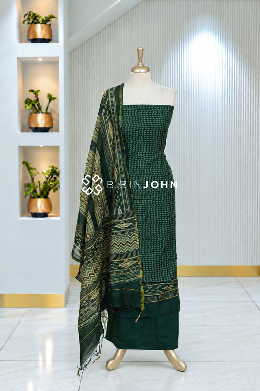 Printed Chanderi Unstitched Salwar Suit Material Deep Bottle Green BJ2052