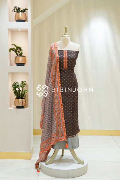 Muslin Embroidery Unstitched Salwar Suit Material Charcoal Grey With Orange BJ2746