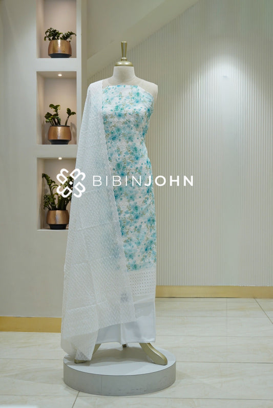 Cotton Embroidery Unstitched Salwar Suit Material White BJ2117