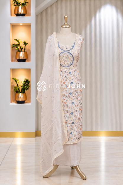 Muslin Embroidery Semi Stitched Salwar Suit Material Ivory White BJ1940