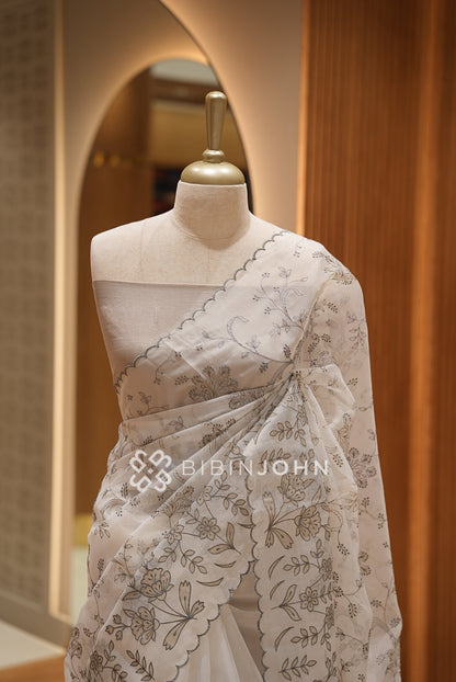 Organza Embroidery Saree For Women Ivory White BJ1639